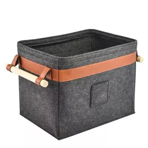 Grand panier de rangement pliable en feutre de style nordique durable et écologique avec poignées en bois