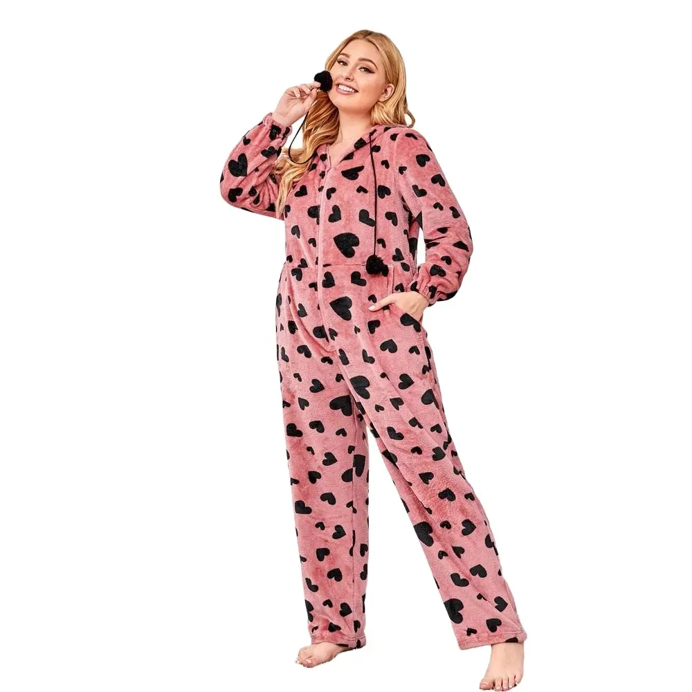 Vrouwen Pluche Warme Gezellige Karakter Volwassen Onesie Voor Vrouwen Een Stuk Nieuwigheid Plus Ritssluiting Hart Teddy Sleep Jumpsuit romper