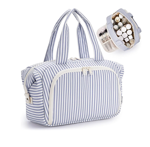 OEM Striped Cosmetic <b>Bag</b> Travel Toiletry Organizer Women <b>Makeup</b> Storage Pouch with Handle <b>Large</b> Capacity Wholesale Supplier - Product Image 1