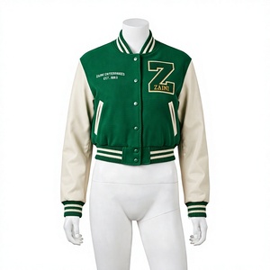 Veste de sport pour femme, coupe courte, 420GSM, coton polyester premium, vert et blanc, manches contrastées, broderie chenille, logo personnalisé - Product Image 1