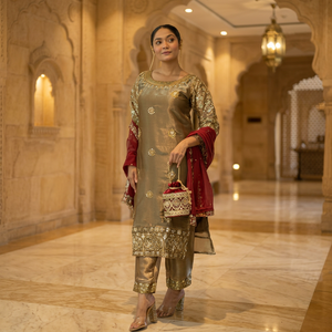 Conjunto de Salwar Kameez de Seda Metálica Dorada de Lujo con Bordado Pesado de Zari y Gota, Kurta Recta y Pantalón para Bodas y Fiestas Indias y Pakistaníes - Product Image 1