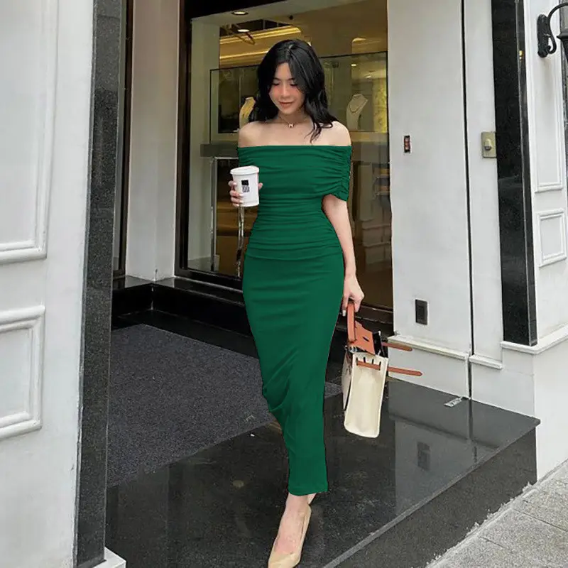 Hot Sale Ladies Autumn Casual Long Evening Dress Party Club Bodycon Off Shoulder Maxi Pleated Dresses For Women