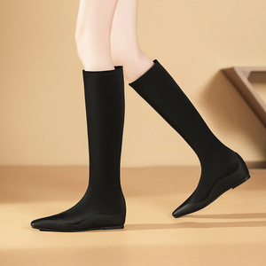 Bottes stretch hautes pour femmes, bout carré, talon plat, confortables, élastiques, couleur unie, décontractées, pour le printemps et l'automne - Product Image 1