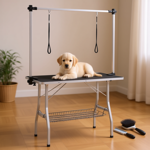Mesa de peluquería canina ajustable con soportes y cesta para el cuidado canino, diseño moderno de acero inoxidable - Product Image 2
