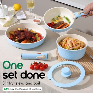 Ensemble de 17 ustensiles de cuisine en aluminium antiadhésif écologiques, compatible avec les plaques à induction, casseroles et poêles avec couvercles en verre et silicone, poignée amovible - Product Image 6