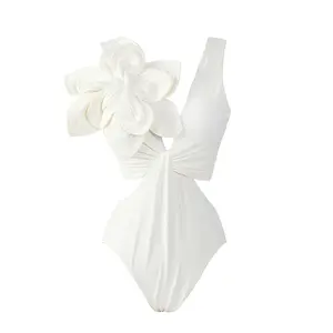 Traje de baño liso con flores 3D para mujer, bañador de lujo cortado de cintura alta, Bikini femenino, ropa de playa, bañador de una pieza 2023