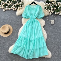 Femmes été robe mi-longue Design de mode manches bouffantes col en v solide décontracté luxe diamants Vintage rétro fête