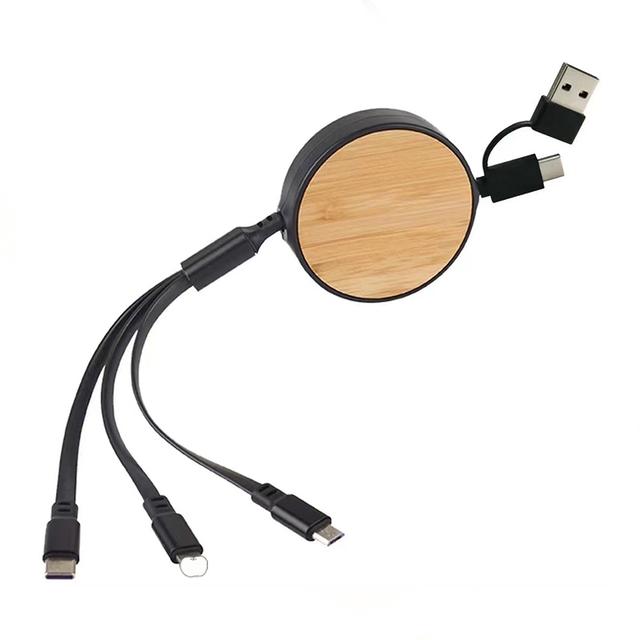 High Quality Eco-friendly Bamboo 1m Retractable Multiple Charging Cord 6 in 1 Fast USB Charger Cable for Smart Phones