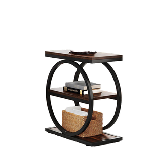 Mesa Auxiliar Moderna de Madera Maciza con Base de Pedestal, 3 Estantes de Almacenamiento, Diseño Estrecho, Marco de Metal Negro, Ecológica, para Sala de Estar o Dormitorio - Product Image 1