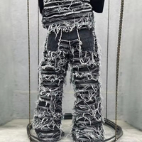 Jean Homme Personnalisé Style Américain Vintage Baggy de Luxe Épais Noir Effet Moustaches de Chat Coupe Oversize