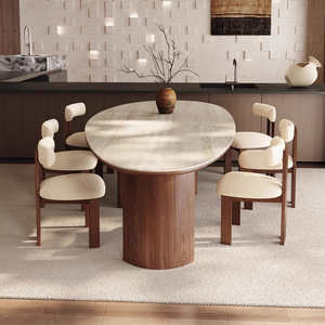 Ensemble de <span class=keywords><strong>salle</strong></span> <span class=keywords><strong>à</strong></span> <span class=keywords><strong>manger</strong></span> de style moderne couleur noyer, 1 table et 6 chaises avec plateau en pierre frittée pour la maison ou l'hôtel - Product Image 1