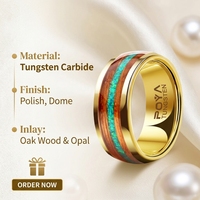Bague en carbure de tungstène 8 mm avec incrustation de bois de fût de whisky et opale verte écrasée, finition polie miroir bombée, pour homme, alliance de mariage et bijoux de fiançailles