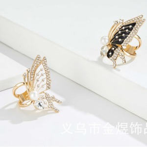 Butterfly Pearl Rhinestone Ring Gold Inlay Black White Fashion Accessory - Product Image 1