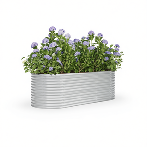 Jardinera elevada mediana de acero con recubrimiento en polvo plateado, elíptica, para flores y plantas verdes - Product Image 1