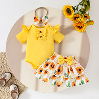 Ensemble d'été 2026 pour bébé fille : Barboteuse à manches courtes à volants avec nœud floral et jupe superposée en polyester