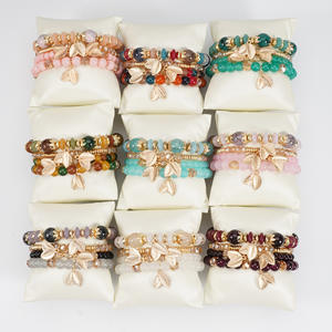 Fashion Jewelry <b>Beaded</b> <b>Bracelets</b> Set Gold Plated Leaf Charm Women's Bohemia Style Multilayer Stretch <b>Bracelet</b> Made In China - Product Image 2