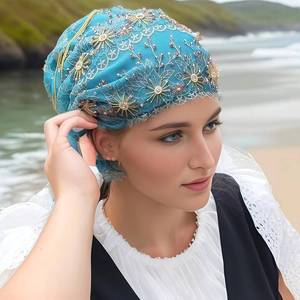 Wholesale 2025 Latest Fashion Women's Headscarf Best-Selling Plain Polyester Sequin Ethnic Muslim <b>Hat</b> - Product Image 4