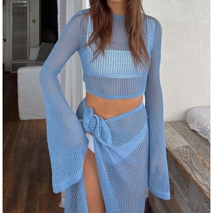 Hollow Long-sleeved Short Blouse Beach Seaside <b>Sexy</b> Strap Skirt Women's Knitted 2-piece <b>Set</b> Fashion - Product Image 3