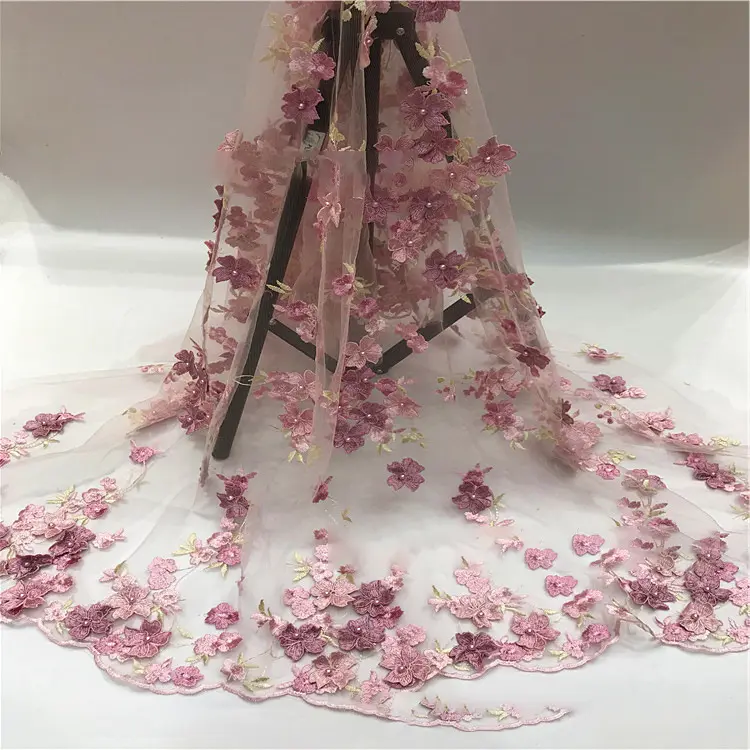 Hermoso verano en stock hoja personalizada 3D flor bordada tela malla moda vestido tela para graduación