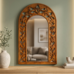 Arched Wooden Wall <b>Mirror</b> with Floral Carved Frame Luxury Modern Design <b>for</b> <b>Bedroom</b> and Entryway Decor Anniversary - Product Image 3