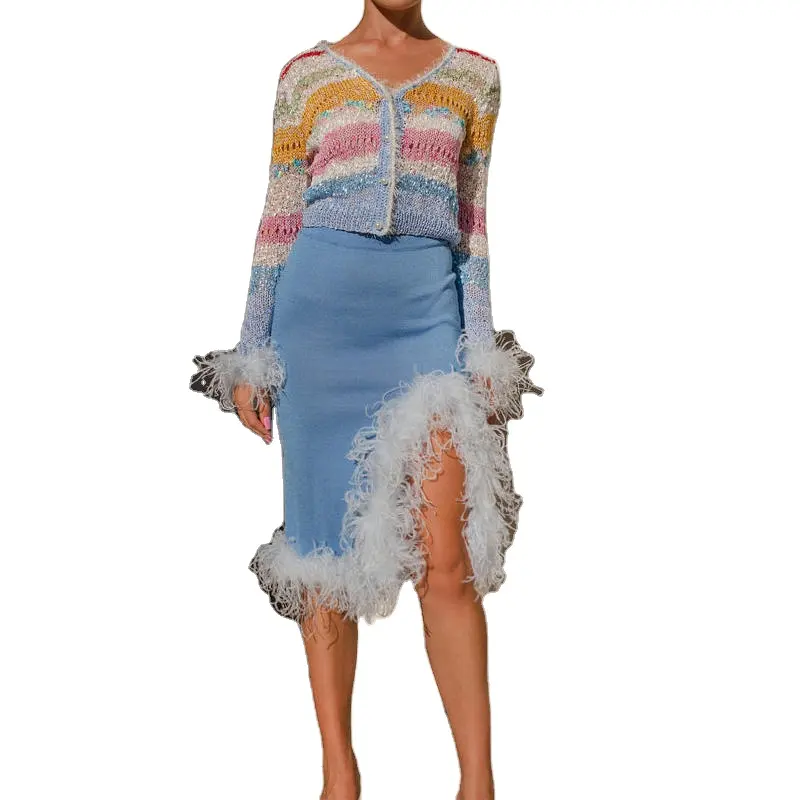 फैशन पार्टी फेदर डिज़ाइन कार्डिगन टॉप सेक्सी निट स्लिट स्कर्ट 2 पीस सेट महिला स्वेटर ड्रेस