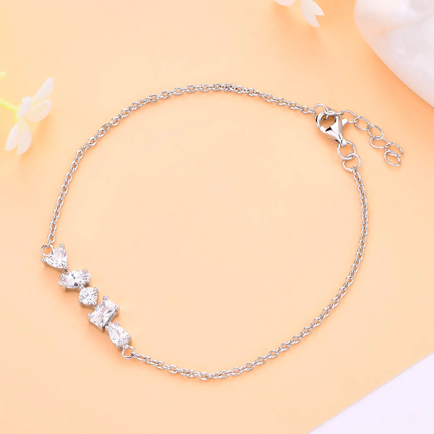 Wholesale and custom Jewelry 925 Silver Women Bracelet Rhodium plated With 5 different shape White Cubic Zircon