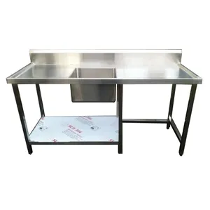 Table de travail à 2 couches en acier inoxydable 201/304 de haute qualité avec bol d'évier/égouttoir/dosseret
