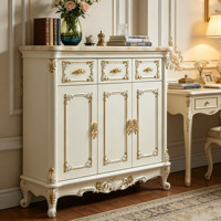 Buffet en bois sculpté européen blanc avec dessus en marbre, meuble de rangement vintage pour salon, vente en gros