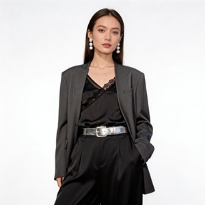 <span class=keywords><strong>Blazer</strong></span> Elegante sin Cuello para Mujer, Corte Holgado, Combinable con Todo, Ligero, Informal de Negocios, Tela Suave, Color Sólido - Product Image 3