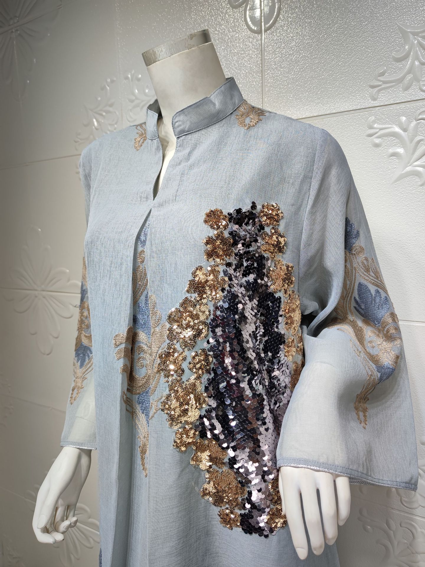 Women's Muslim Evening Dress Beaded Embroidered Mesh Women's Continued Long Sleeve Dress