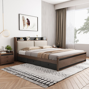 Modern Bedroom Furniture <strong>Storage</strong> <strong>Double</strong> <strong>Bed</strong> with USB Interface and Drawers Fabric Headboard Wooden <strong>Beds</strong> - Product Image 4