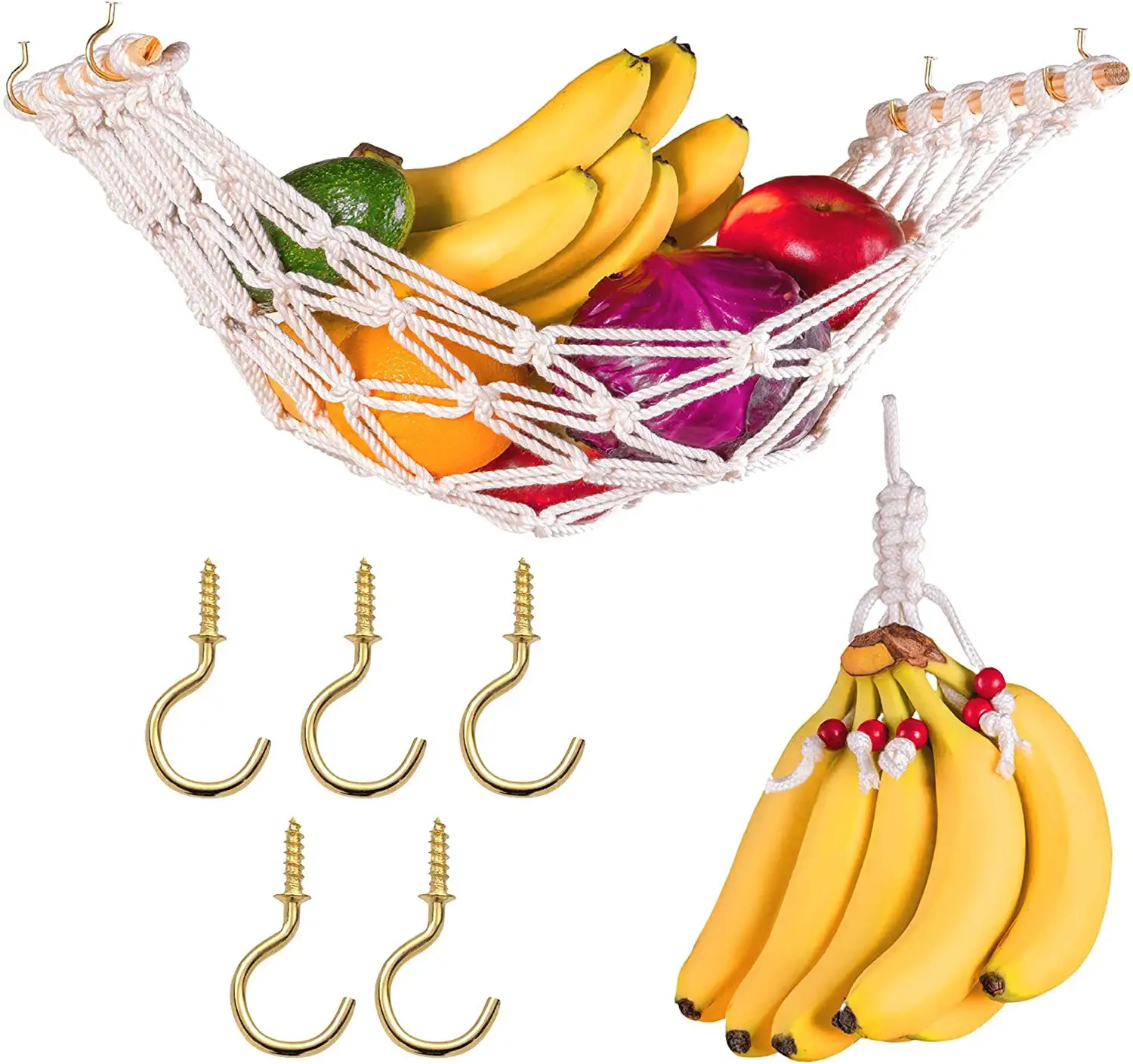 Vente chaude Cuisine Stockage Macramé Coton Fruits Banane Légumes Hamac Sous L'armoire Suspendu Panier De Fruits Titulaire