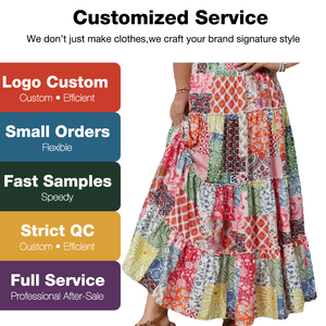 Factory Customization Women's Bohemian <strong>Patchwork</strong> Floral Tiered Maxi <strong>Skirt</strong> Elastic Waist Casual Boho Printed Long Ruffle <strong>Skirt</strong> - Product Image 1