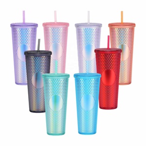 Usa Warehouse Hot Diy 16oz 24oz Cold Coffee Mug Double Wall Plastic iridescente Matte Studded Cups Tumbler con coperchio in paglia - Product Image 2