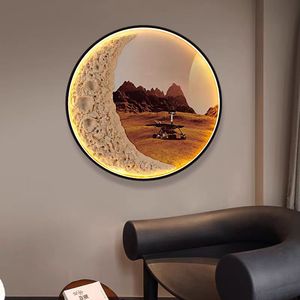 Quadro da parete moderno con design a <span class=keywords><strong>luna</strong></span>, cornice rotonda in lega di alluminio, luce LED, personalizzabile, pittura a cristalli di porcellana ad acquerello. - Product Image 3