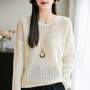 <b>Mint</b> Green Cotton Hollow Knit Sweater Women Long Sleeve Thin Layered Cover Up Spring Summer Style - Product Image 2