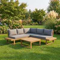 Ensemble de canapé modulaire d'extérieur en forme de L en bois de bouleau au design moderne, avec coussins gris foncé amovibles et cadre en aluminium, plateau de café en lattes
