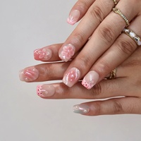 Kuku Palsu Akrilik Transparan Motif Bunga 3D Timbul Warna Nude-pink Gradasi Mutiara Titik Gelombang Air Aurora