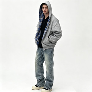 Sweat-shirt à <span class=keywords><strong>capuche</strong></span> surdimensionné à double fermeture éclair <span class=keywords><strong>avec</strong></span> doublure à carreaux bleus, streetwear décontracté pour homme - Product Image 4