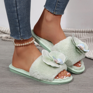 Pantuflas de Felpa con Decoración de Orquídea Azul de Moda, Pantuflas Cálidas y Acogedoras para Mujer, Estilo Abierto, Novedad 2025, en Existencia, Sandalias Esponjosas de Gran Venta - Product Image 3