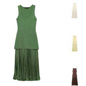 Summer New Women's Fashion Versatile Knitted Small <b>Pleated</b> Patchwork Dress with Long <b>Skirt</b> - Product Image 1