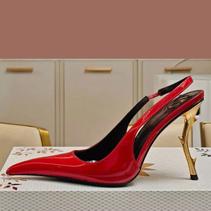 Sandalias de tacón de aguja doradas con correa trasera para mujer, de charol, con punta, estilo slingback - Product Image 3