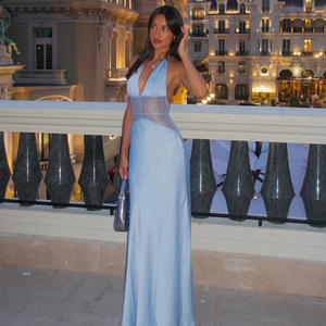 Vestido Largo de Noche Elegante de Seda Satinada con Cuello Halter y Cintura Ajustada, Estilo Europeo Americano, Exportación Verano 2025 - Product Image 3