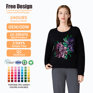 Maglione Nero con <span class=keywords><strong>Paillettes</strong></span> e Ricamo a Peonia, Girocollo, Maniche Lunghe, Pullover Casual da Donna - Product Image 2