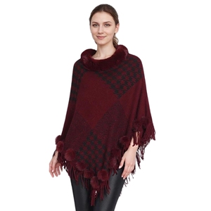 Chal de Moda para Mujer con Patrón de Pata de Gallo, Capa de Piel Sintética con Borlas y Pompones, Abrigo Cálido para Invierno - Product Image 5