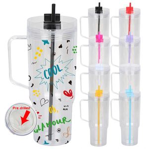 Gobelet de voyage en plastique 40oz pour café, avec couvercles colorés et pailles, en acrylique transparent effet boule à neige pailletée, avec poignée, entrepôt US - Product Image 1