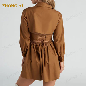 Vestido camisero corto informal de manga larga de algodón de alta calidad personalizado para mujer con puños abotonados y cuello vuelto ajustado en la cintura con volantes - Product Image 3