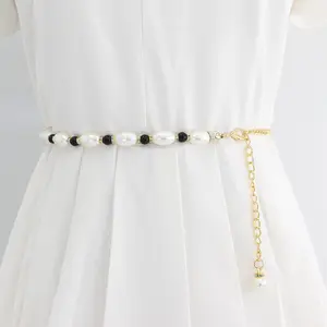 Pearl Chain Belt for Dress Gold Metal Black White Pearl Crystal Beaded Waist Belt Lady