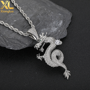 Bling Mythic <b>Iced</b> <b>Out</b> Silver Tone Micro Pave Cubic Zirconia Green Accent Chinese Dragon Pendant Necklace - Product Image 3