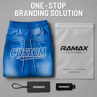 Pantalones Cortos RAMAX Azules con Lavado Ácido para Hombre, Algodón Pesado, Diseño Gráfico Vintage, Logotipo Personalizado, Ropa Urbana, Venta al por Mayor, Proveedor de Fábrica